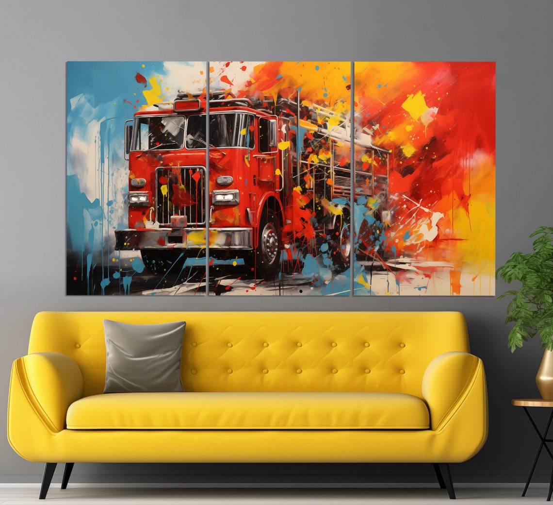 Red Fire Truck Paint Splash Abstract Firefighter Tribute Art Poster - Image 2