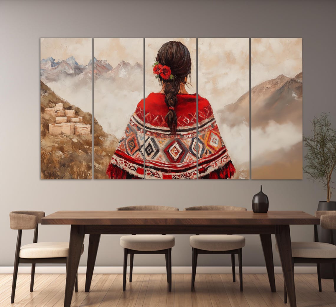 Peruvian Woman In Red Poncho Braid With Roses Overlooking Andes Poster - Image 2
