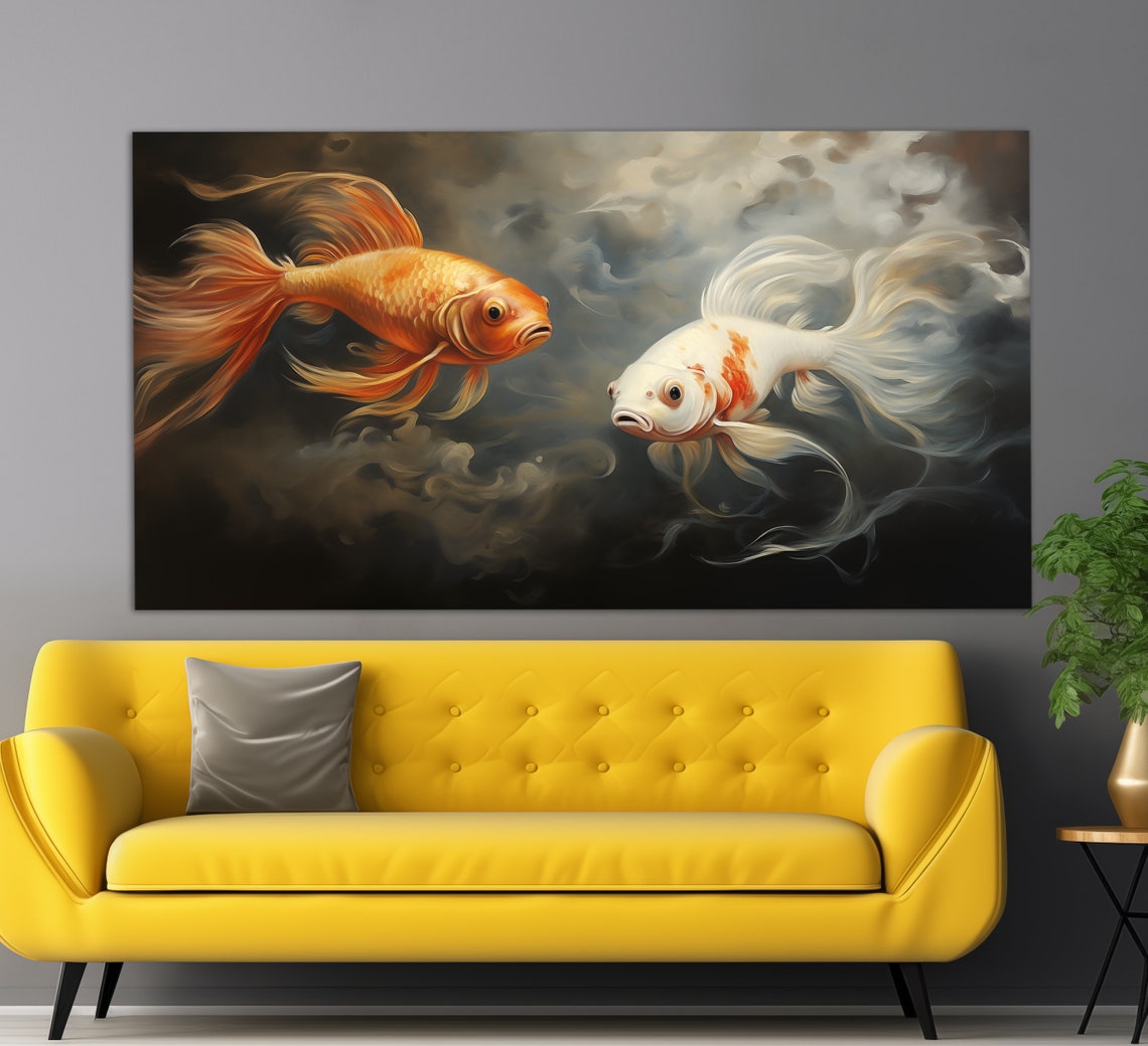 Orange White Goldfish Pair Dark Water Elegant Aquatic Art Poster