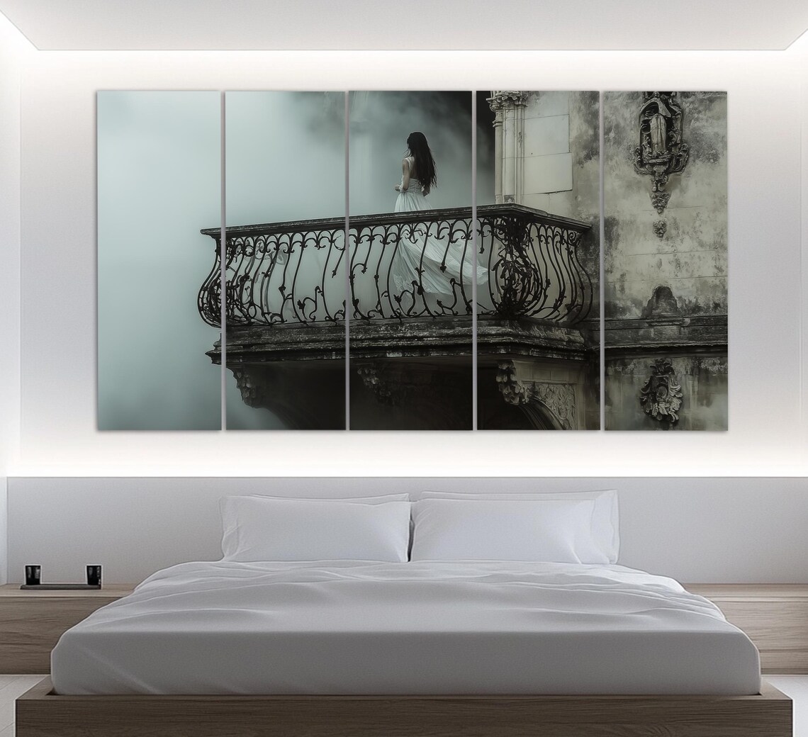 Gothic Beauty White Dress Old Balcony Dark Fantasy Painting Art Poster - Image 2