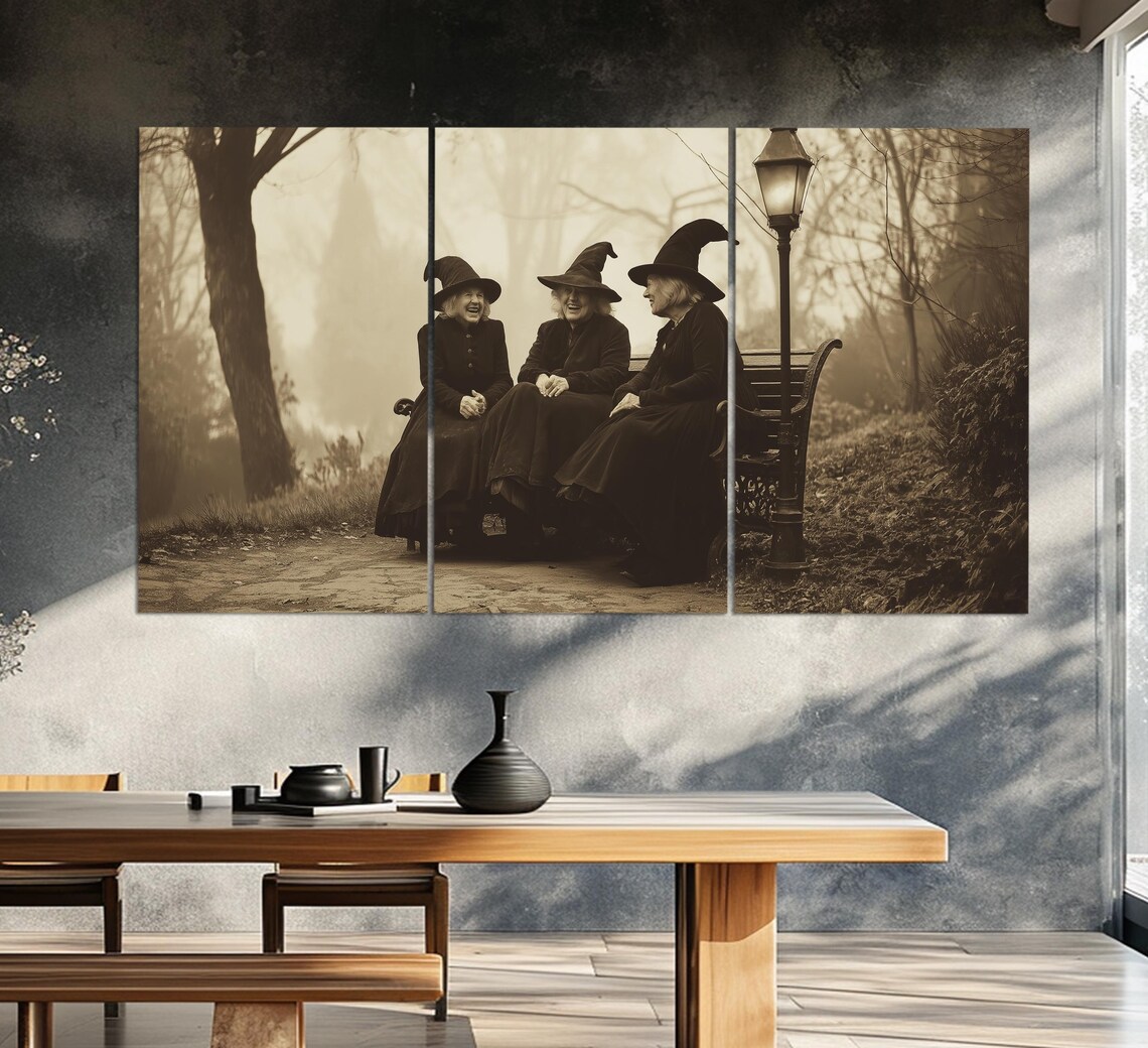 Three Old Witches Park Bench Foggy Forest Vintage Photo Style Gothic Poster - Image 6