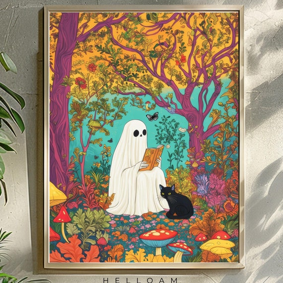 Cute Ghost Reading Romantic Dark Academia Moody Cottagecore Spooky Decor Vintage Poster Gothic Painting Reading Ghost Black Cat