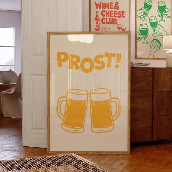 Retro Mustard Prost Beer Mug Poster Vintage Bar Decor Cheers Wall Art Yellow Kitchen Print Oktoberfest Celebration Bar Cart Art Pub Decor