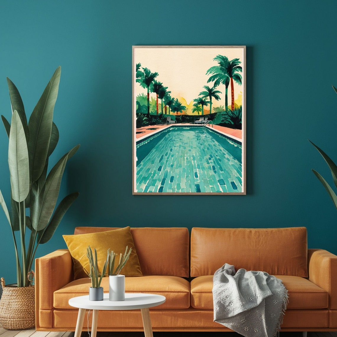 Palm Springs Pool With Palm Trees Retro Watercolor Art Poster - Image 2