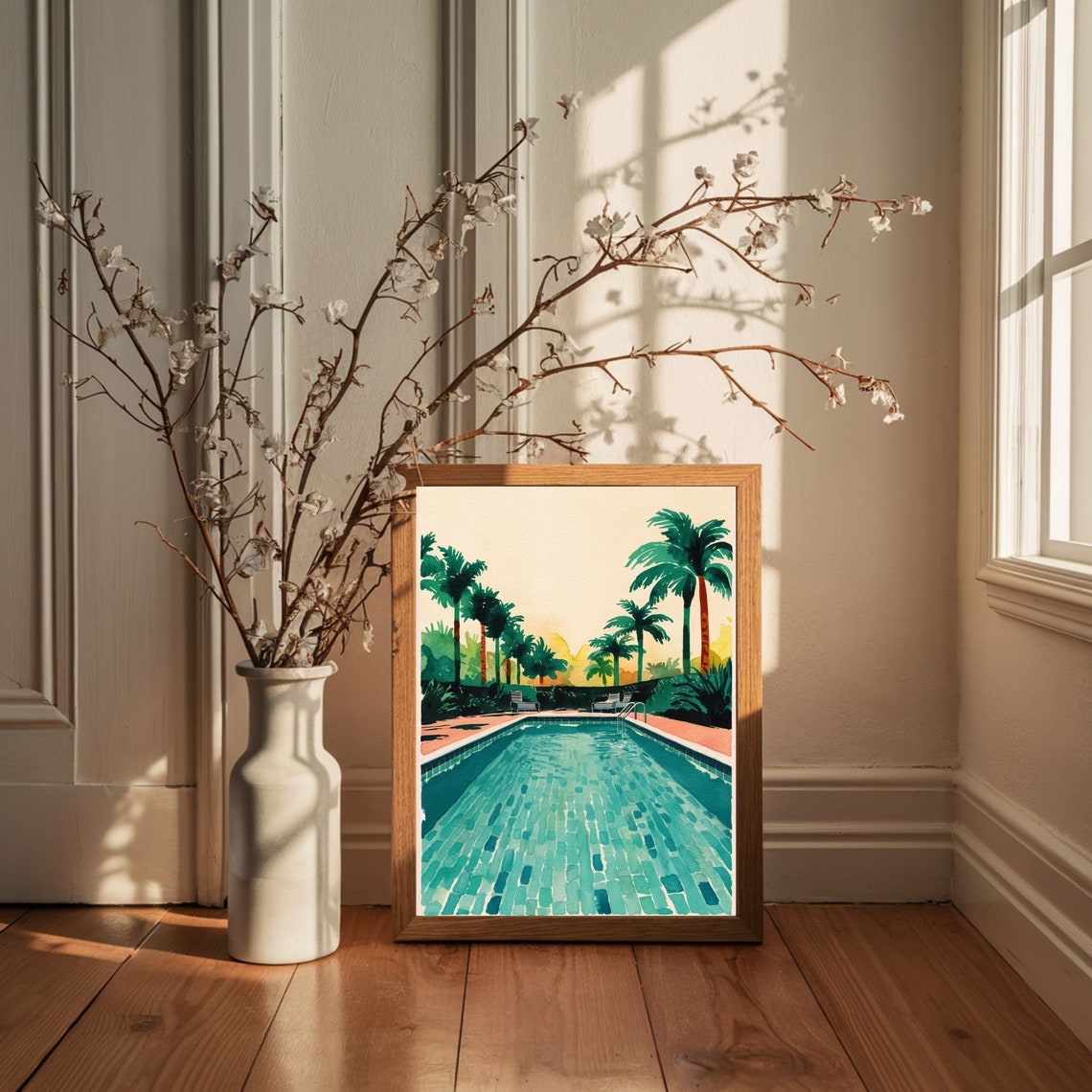 Palm Springs Pool With Palm Trees Retro Watercolor Art Poster - Image 4