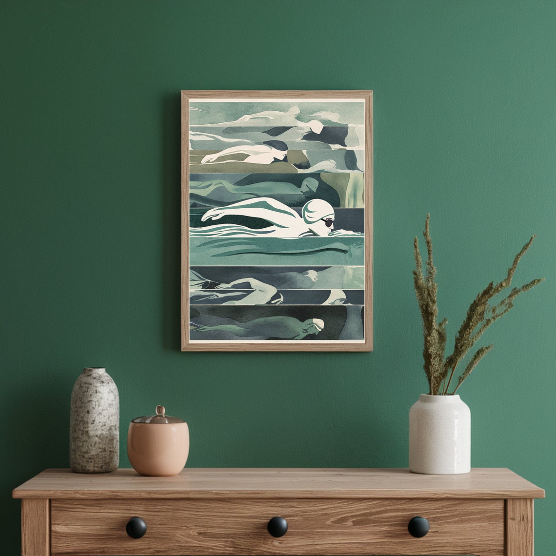 Vintage Swimmers Stripes Art Deco Style Green Swimming Poster - Image 3