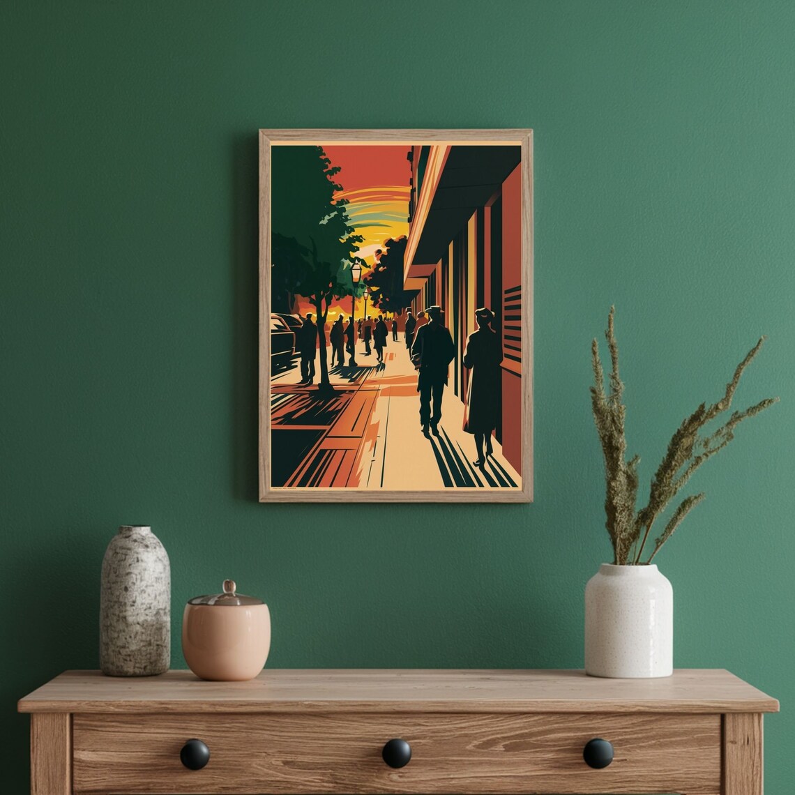 Retro City Street Sunset Crowd Silhouette Urban Scene Poster - Image 4
