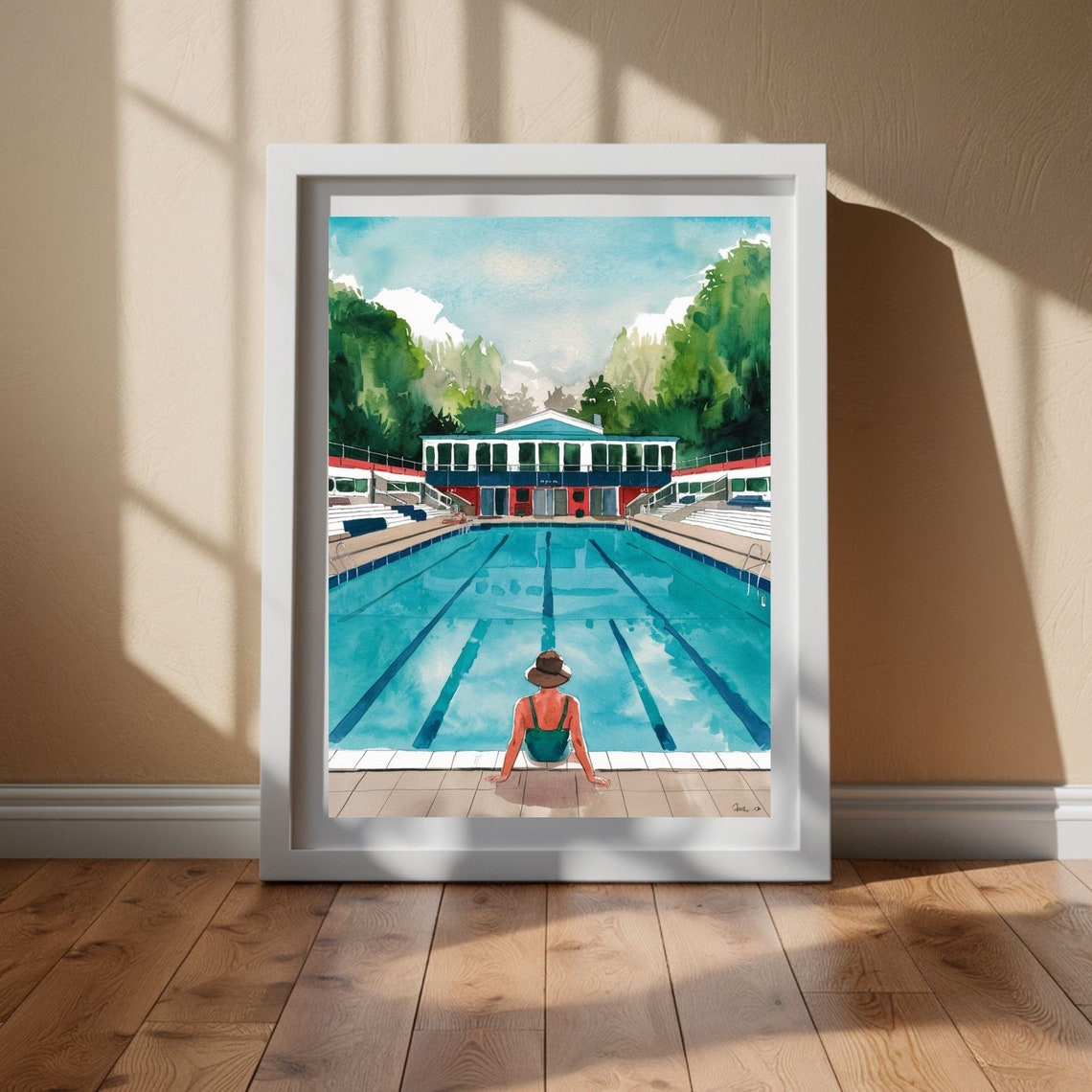 Girl In Sun Hat Sitting By Olympic Swimming Pool Watercolor Poster - Image 5