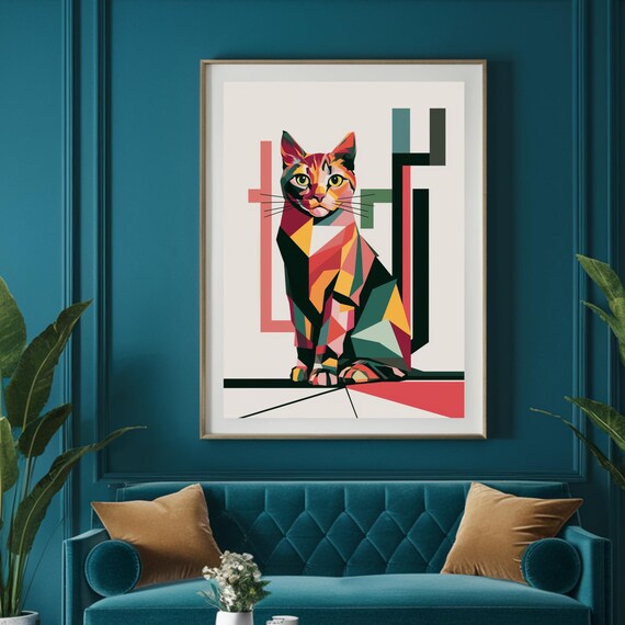 Geometric Color-Block Cat Multicolor Modern Animal Portrait Poster