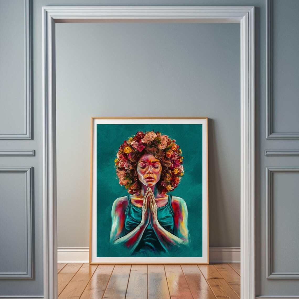 Praying Woman With Floral Halo Portrait Spiritual Meditation Art Poster - Image 5