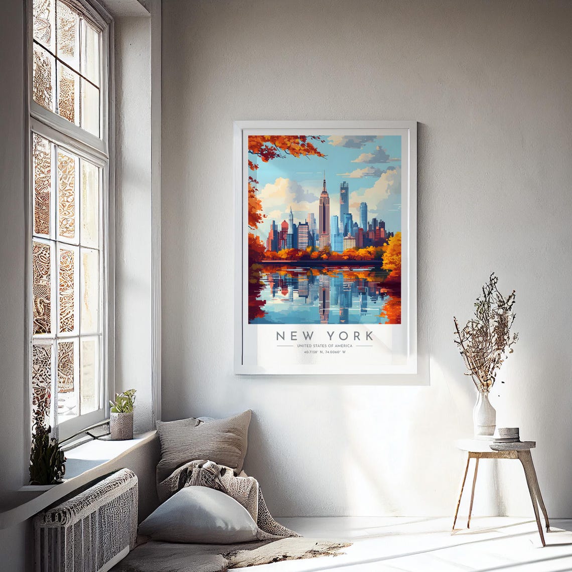 New York Autumn Skyline Fall Foliage Mirror Lake Reflection Poster - Image 4