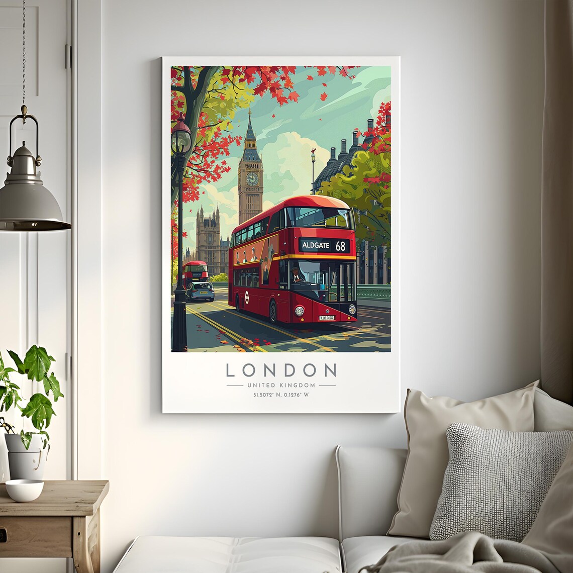 London Big Ben Red Double Decker Bus Autumn Leaves Travel Poster - Image 2