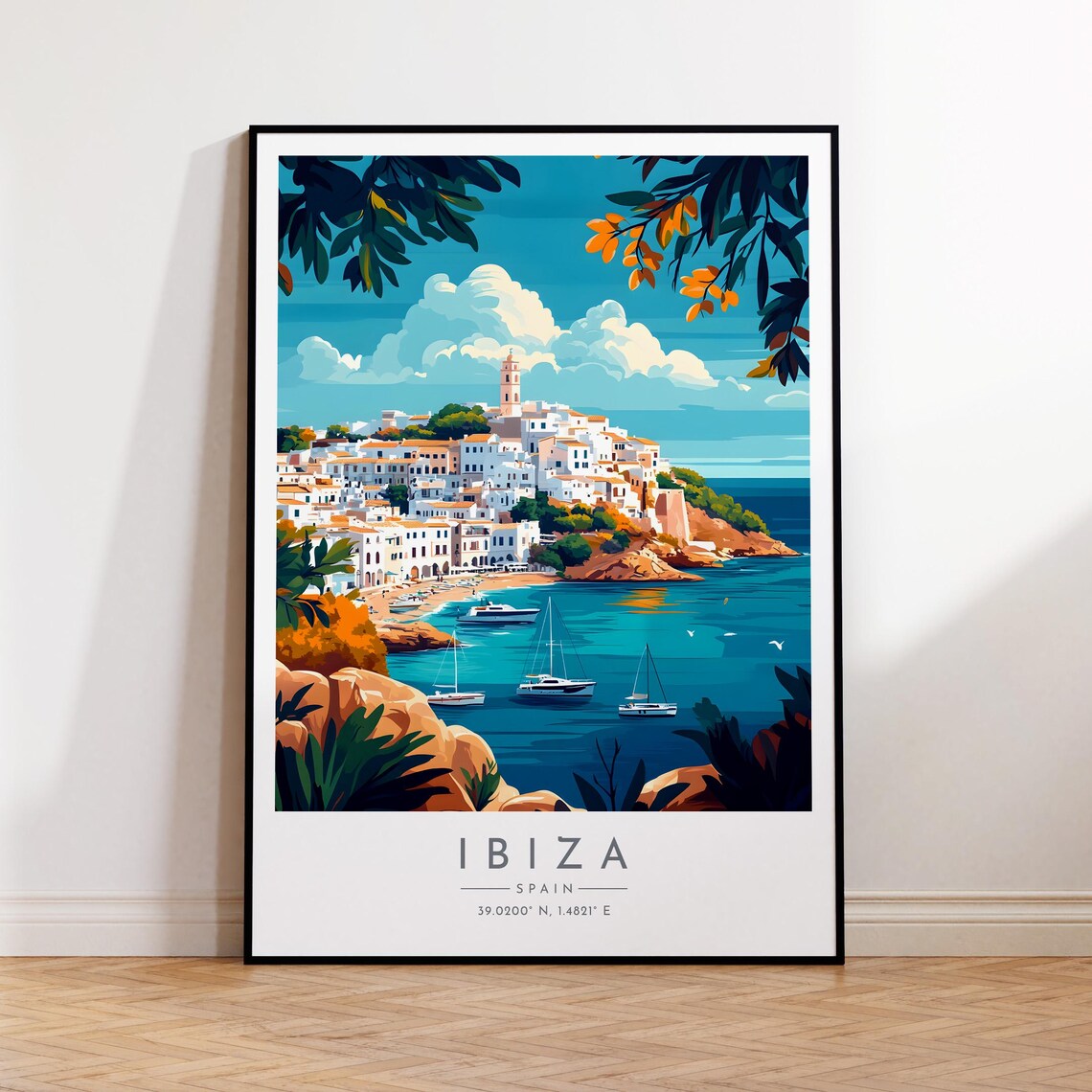 Ibiza Old Town White Buildings Sailboats Spain Travel Poster