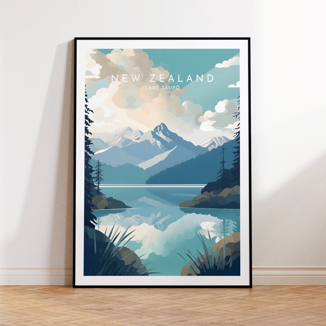 New Zealand Lake Taupo Mountain Reflection Serene Lakeside Poster
