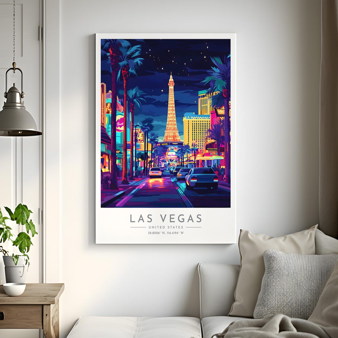 Las Vegas Strip Neon Night Eiffel Tower Street Travel Poster - Image 2