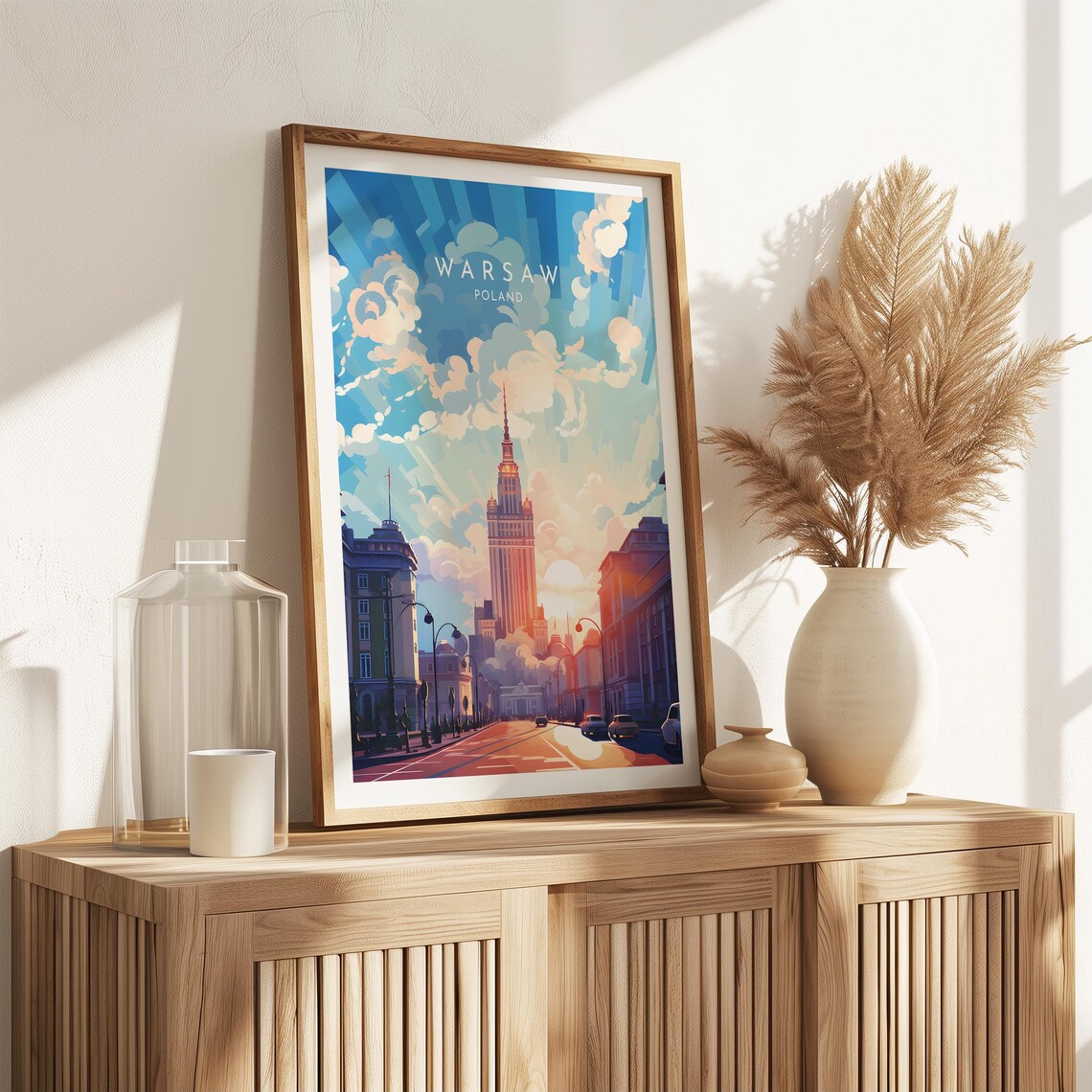 Modern Warsaw Poland Palace of Culture Tower Blue Sky Street Poster - Image 2