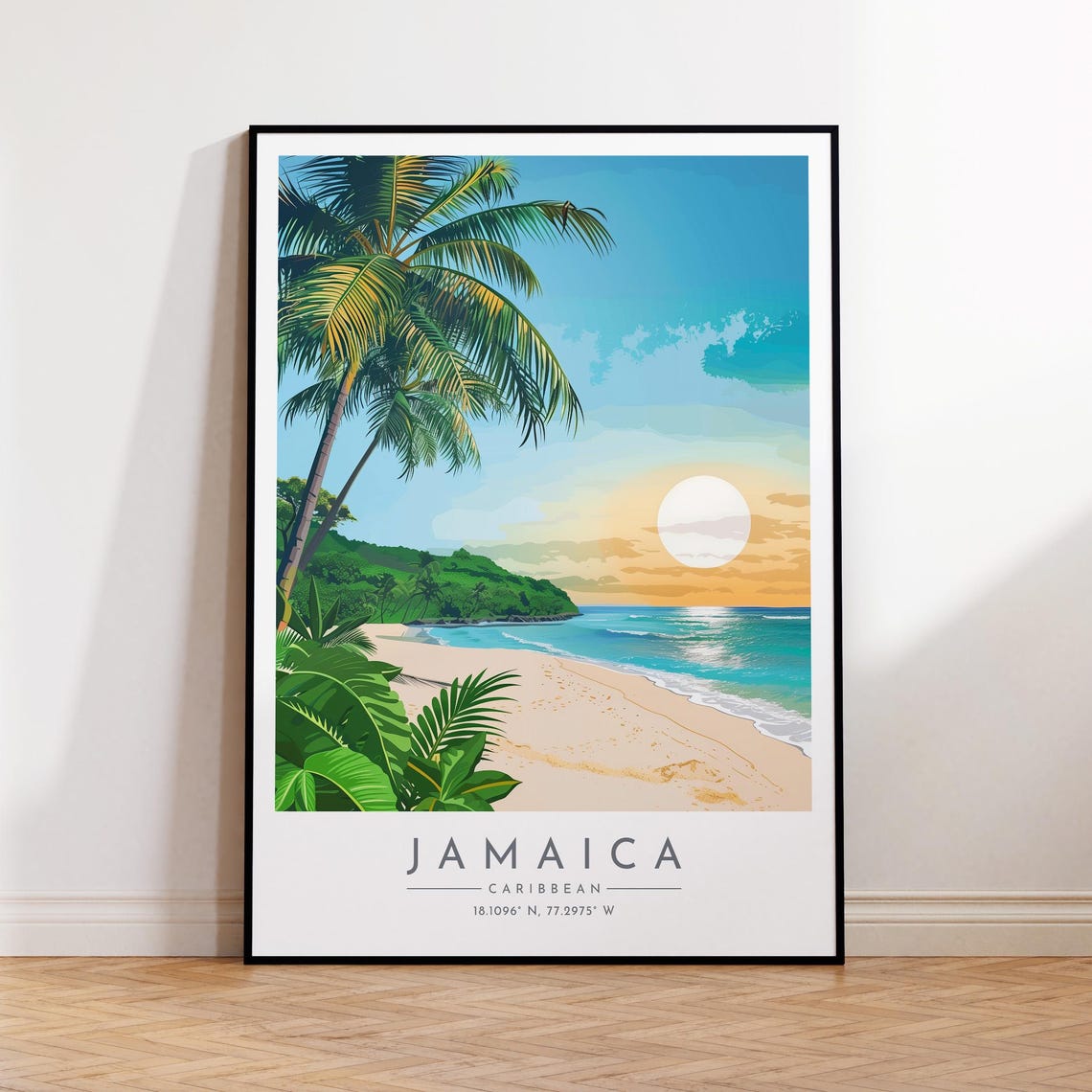 Jamaica Sunset Beach Palm Trees Caribbean Shore Travel Poster
