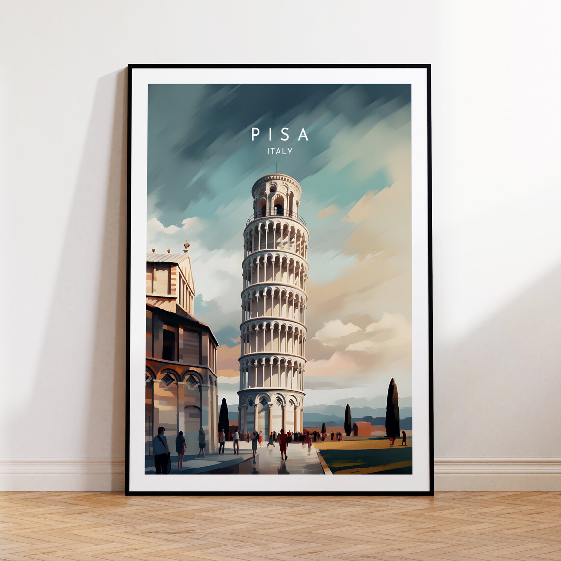 Pisa Italy Leaning Tower Landmark Travel Poster with Dramatic Sky