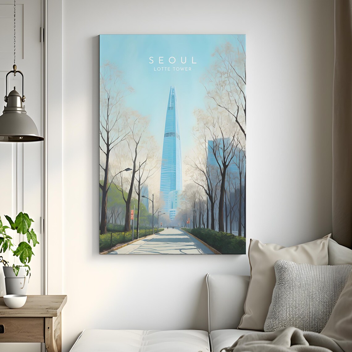 Seoul Lotte Tower Morning Skyline Tree Lined Blue Avenue Poster - Image 3