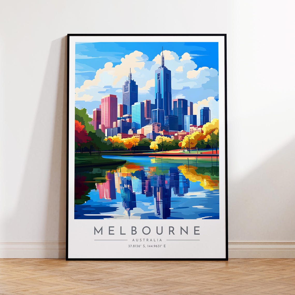 Melbourne Australia Skyline River Reflection Autumn Travel Poster