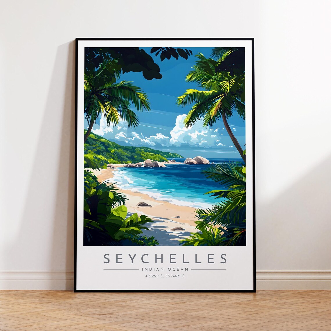 Seychelles Tropical Beach Palm Trees Indian Ocean Travel Poster