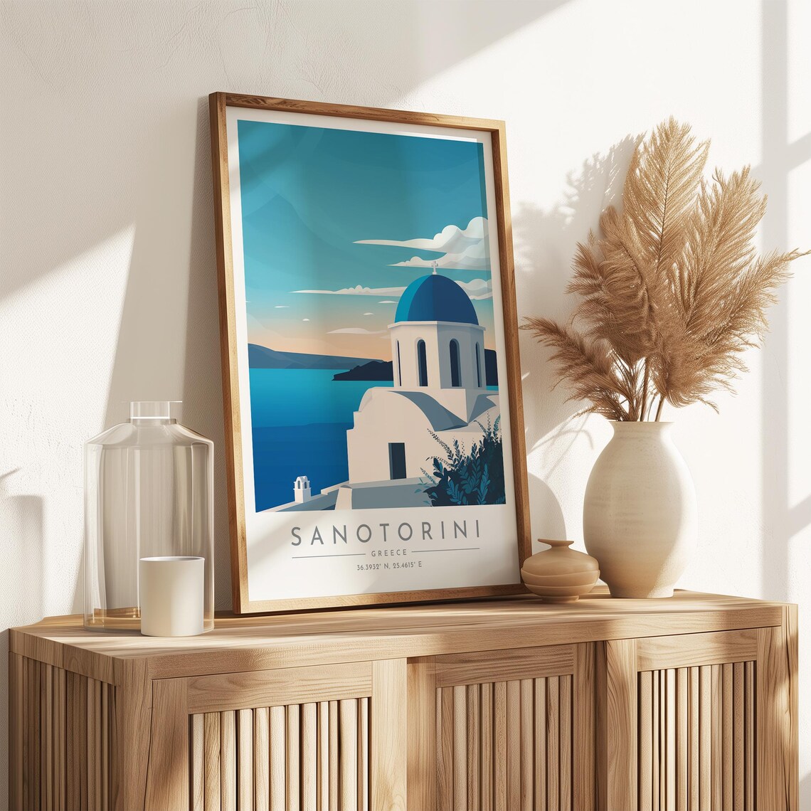 Santorini Blue Dome Church Sunset Aegean Sea Serene Travel Poster - Image 3