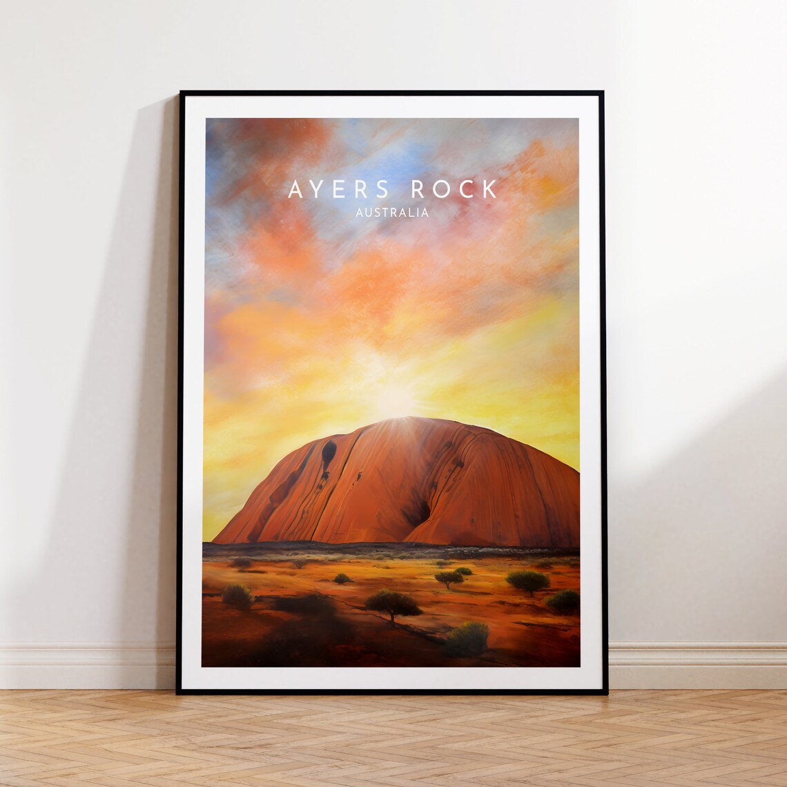 Ayers Rock Australia Uluru Sunset Desert Travel Poster with Red Glow