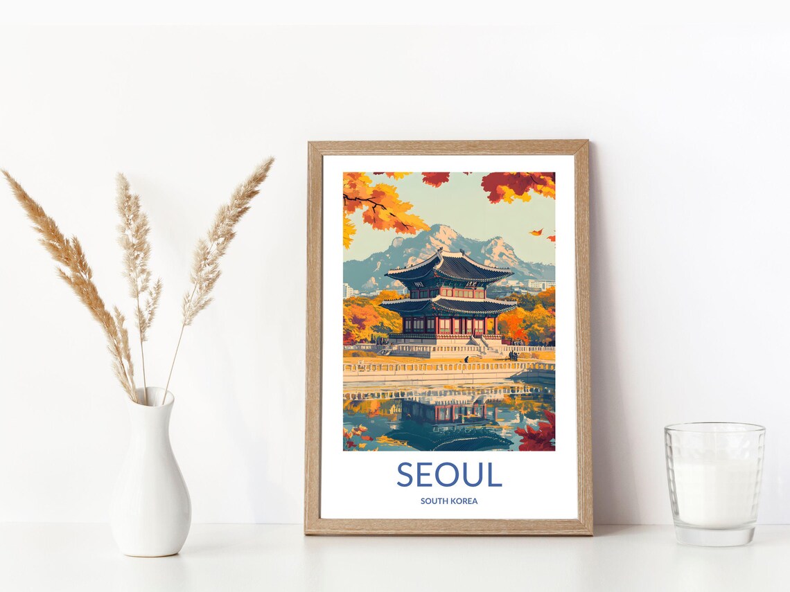 Seoul Korea Gyeongbokgung Palace Pavilion Autumn Leaves Travel Poster - Image 3
