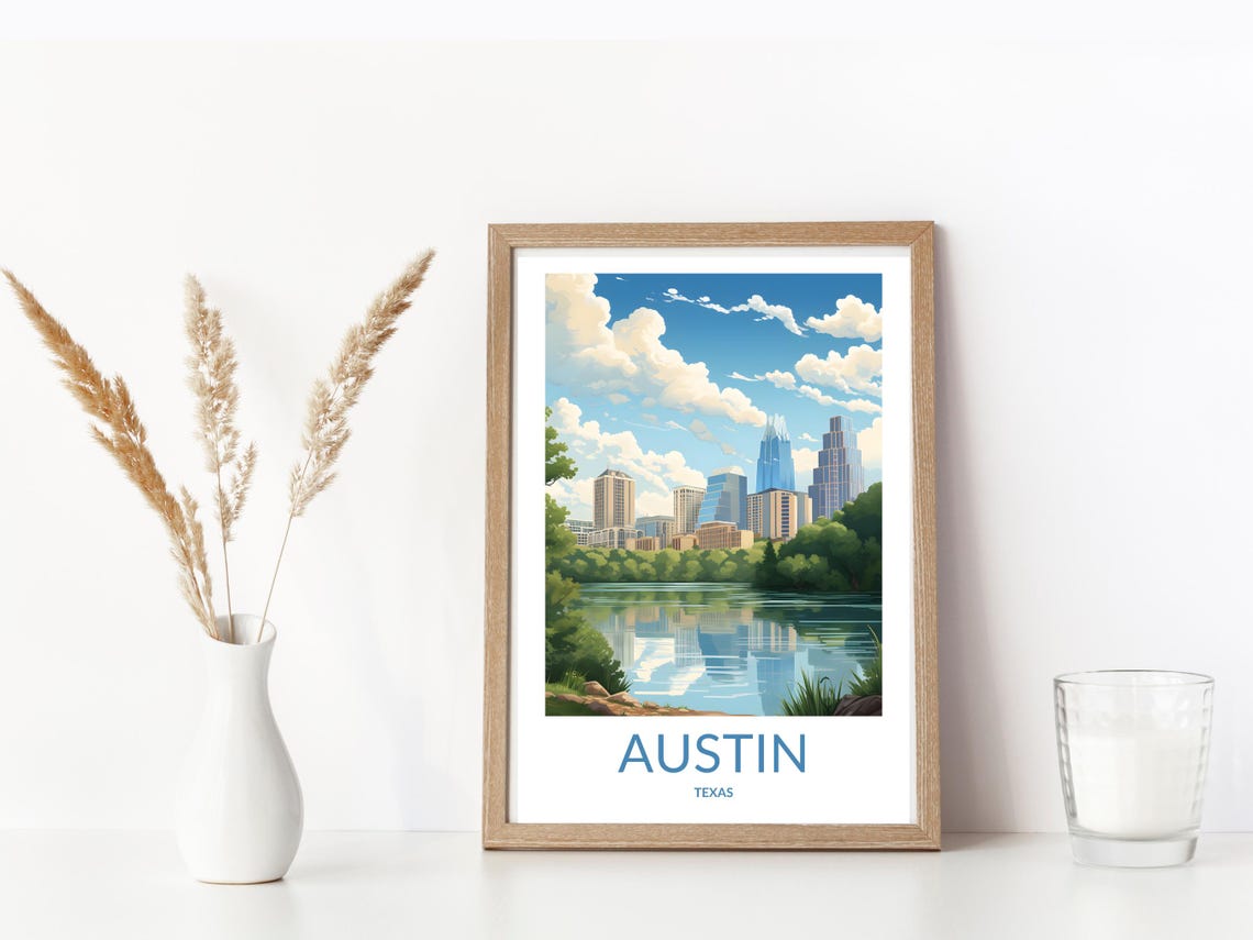 Austin Texas Downtown Skyline Lake Reflection Art Travel Poster - Image 3