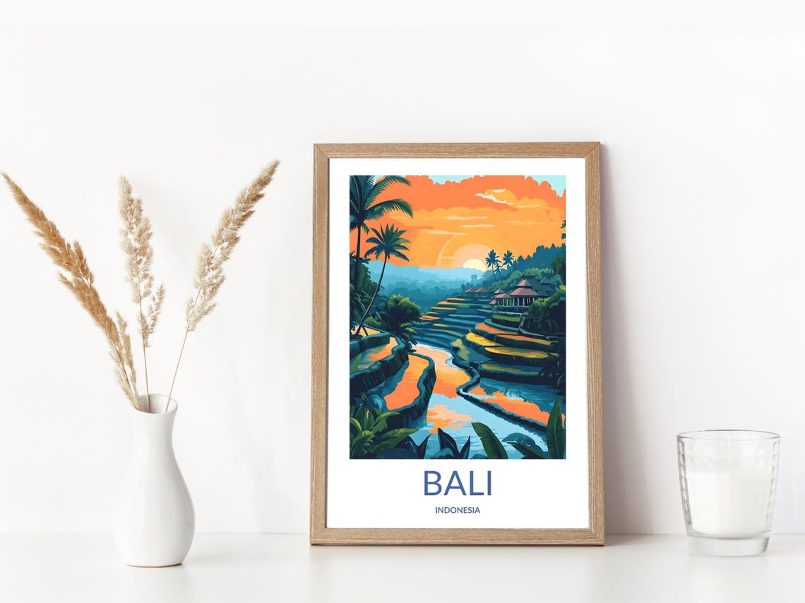 Bali Indonesia Rice Terraces Sunset Palm Trees Tropical Poster - Image 3