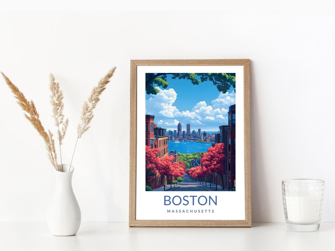 Boston Massachusetts Skyline Poster Red Tree Street Charles River View - Image 3