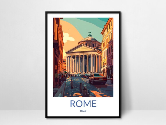 Rome Italy Pantheon Temple Columns Street Vintage Travel Poster