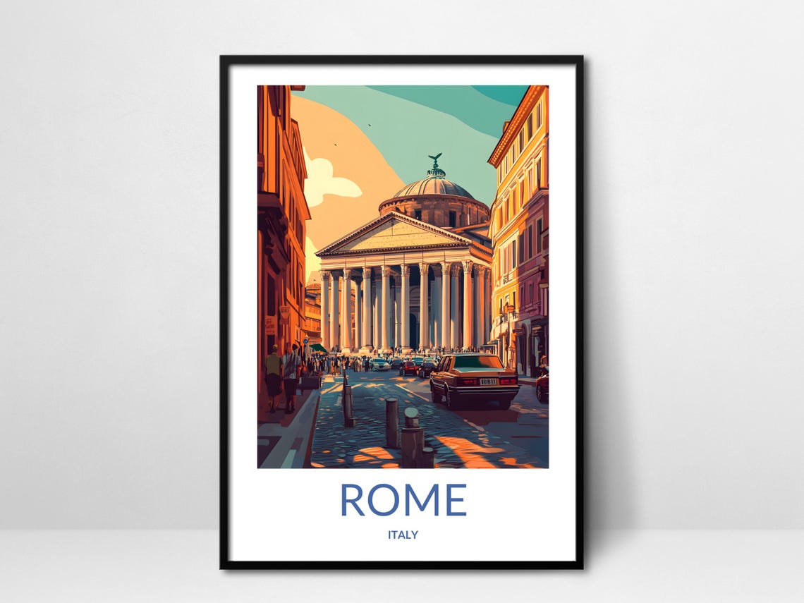 Rome Italy Pantheon Temple Columns Street Vintage Travel Poster