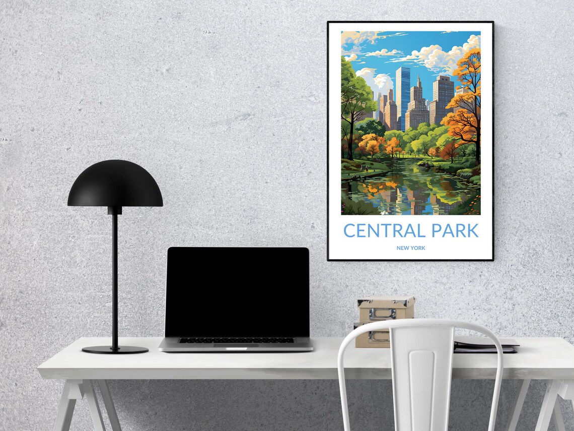 Central Park New York Autumn Pond Skyline Retro Travel Poster - Image 2