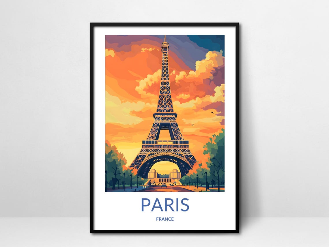 Paris France Eiffel Tower Sunset Orange Clouds Vintage Travel Poster