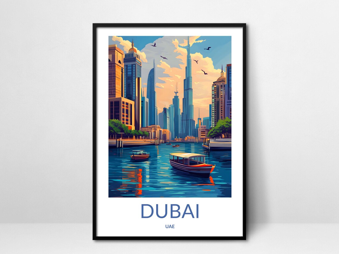 Dubai Marina Sunset Skyline Abra Boats Golden Water UAE Poster
