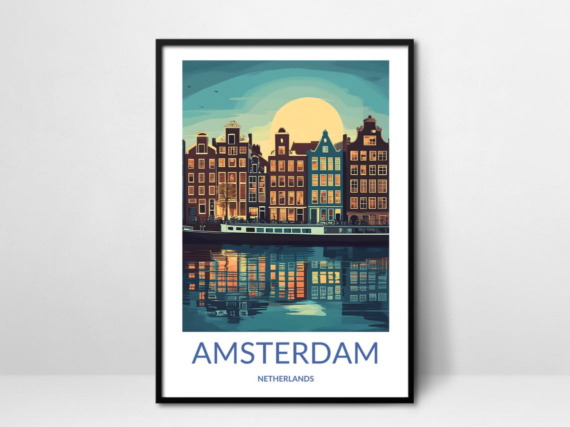 Amsterdam Night Moonlit Canal Houses Glowing Windows Holland Poster
