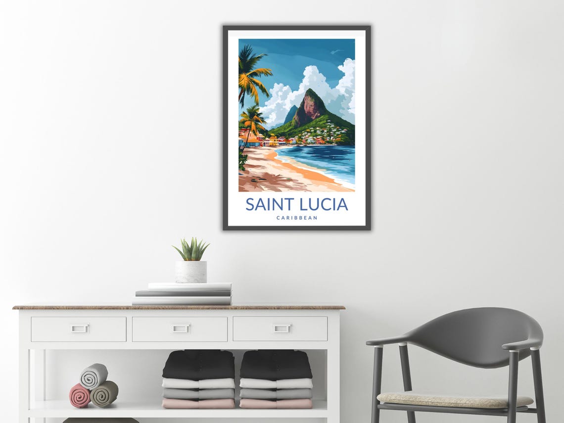 Saint Lucia Caribbean Pitons Beach Vintage Travel Poster Tropical Art - Image 2