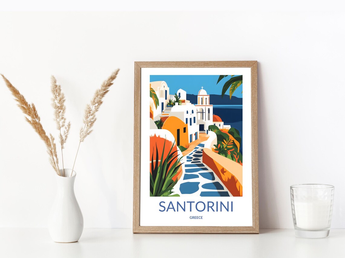 Santorini Village Street White Church Sunny Day Greece Travel Poster - Image 3