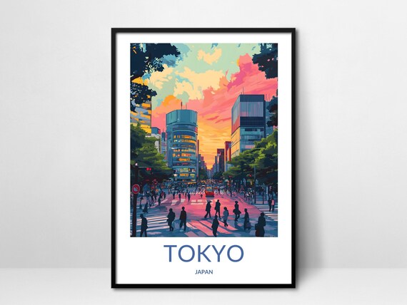 Tokyo City Street Crossing Sunset Pink Sky Vintage Travel Poster