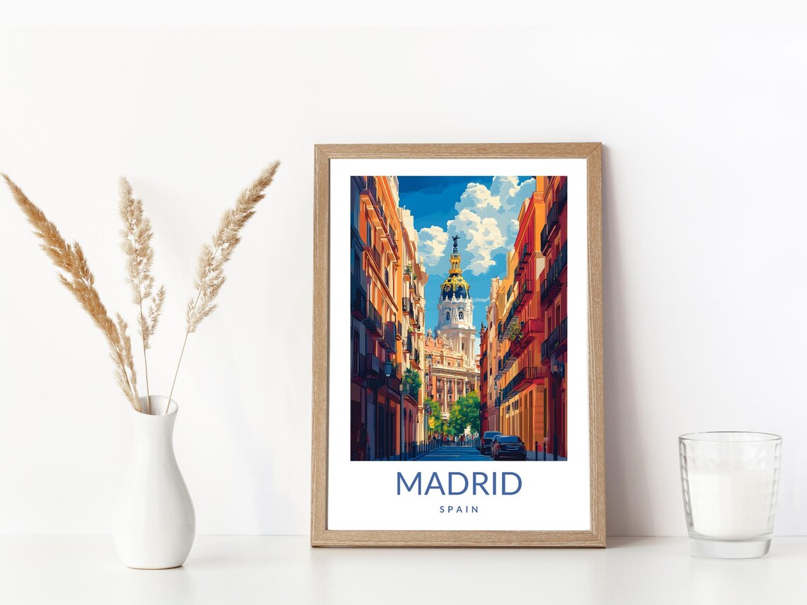 Madrid Spain Sunlit Street Grand Dome Vintage Travel Poster Scene - Image 3