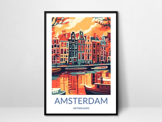 Amsterdam Sunset Canal Houses Fiery Reflection Boats Holland Poster