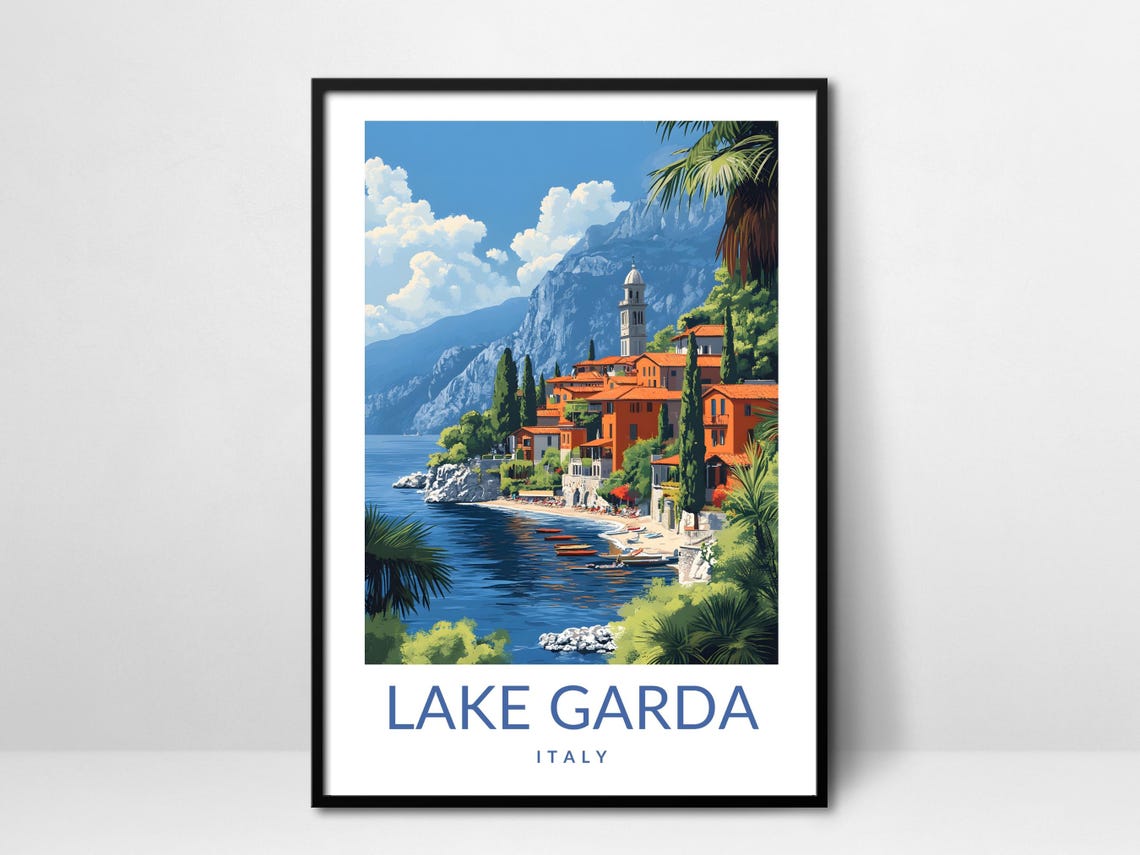 Lake Garda Italy Shoreline Town Bell Tower Vintage Travel Poster Art