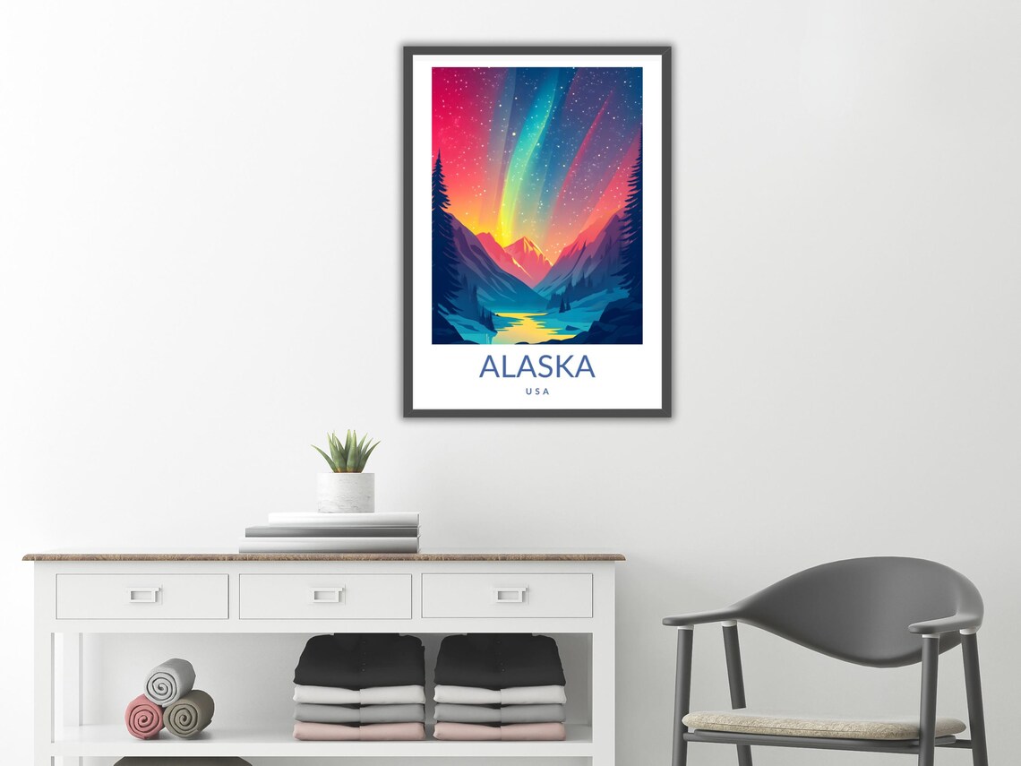 Alaska USA Northern Lights Poster Aurora Borealis Night Sky Glowing Art - Image 2