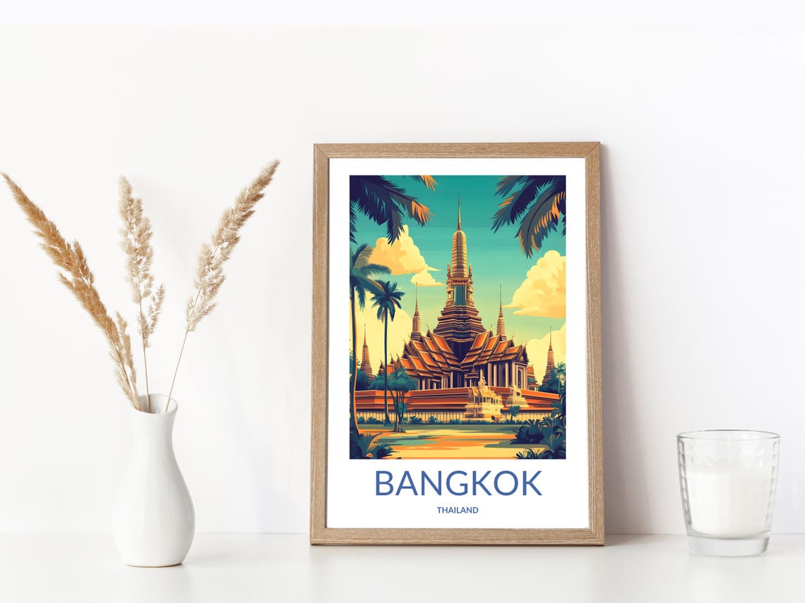 Bangkok Thailand Grand Temple Golden Spire Palm Trees Travel Poster - Image 3