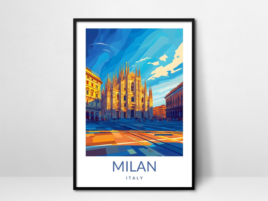 Milan Italy Duomo Cathedral Vintage Travel Poster Sunset City Art