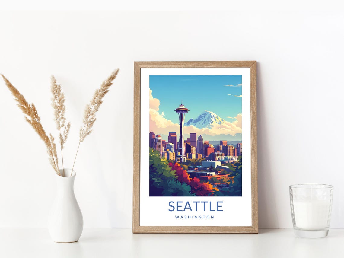 Seattle Washington Space Needle Skyline Mountain City Poster - Image 3