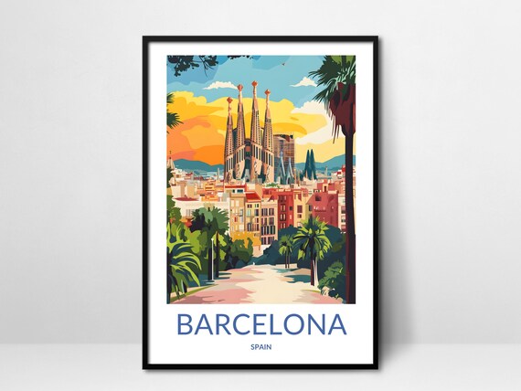 Barcelona Spain Sagrada Familia Cityscape Palm Trees Travel Poster