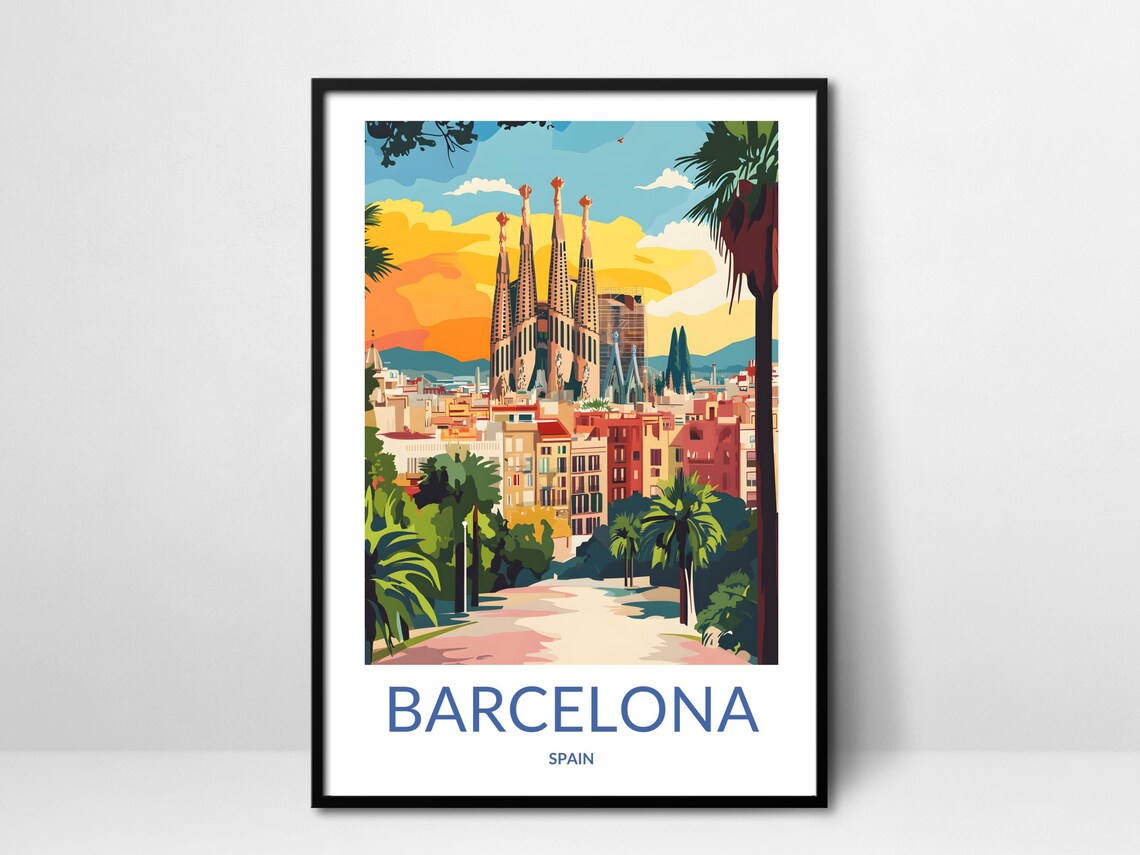 Barcelona Spain Sagrada Familia Cityscape Palm Trees Travel Poster