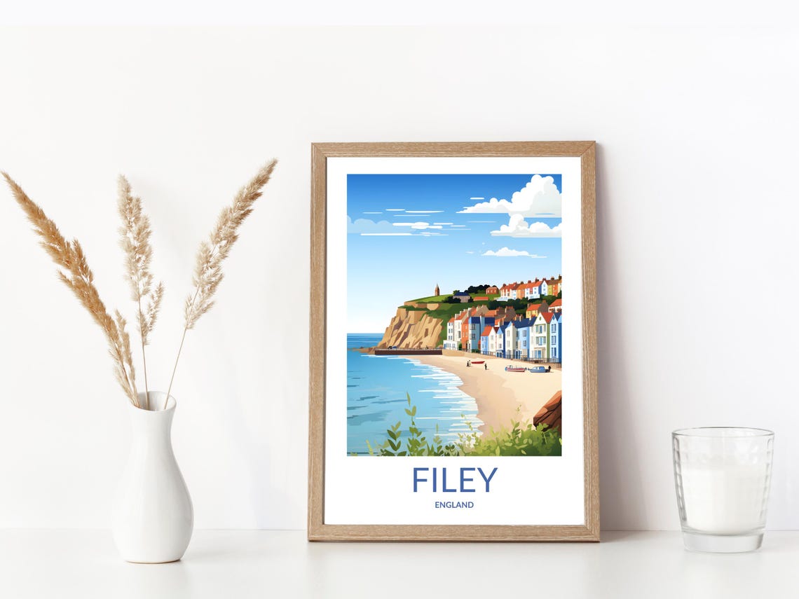 Filey England Beach Cliffs Colorful Seaside Town Coastal Poster - Image 3